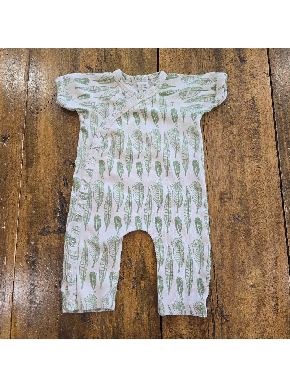 Kate Quinn Baby Organic Cotton Green Feather Print Kimono Romper Jumpsuit 0-3M